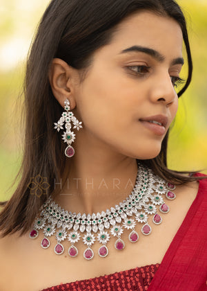 Hithara's Bollywood style American Diamond set - Pink and White stones with Earrings