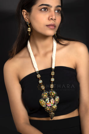 Onyx Pendant with Radha Krishna Tanjore Painting with Seed Beads