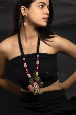 Onyx Pendant with Radha Krishna Tanjore Painting with onyx and Black seed Beads